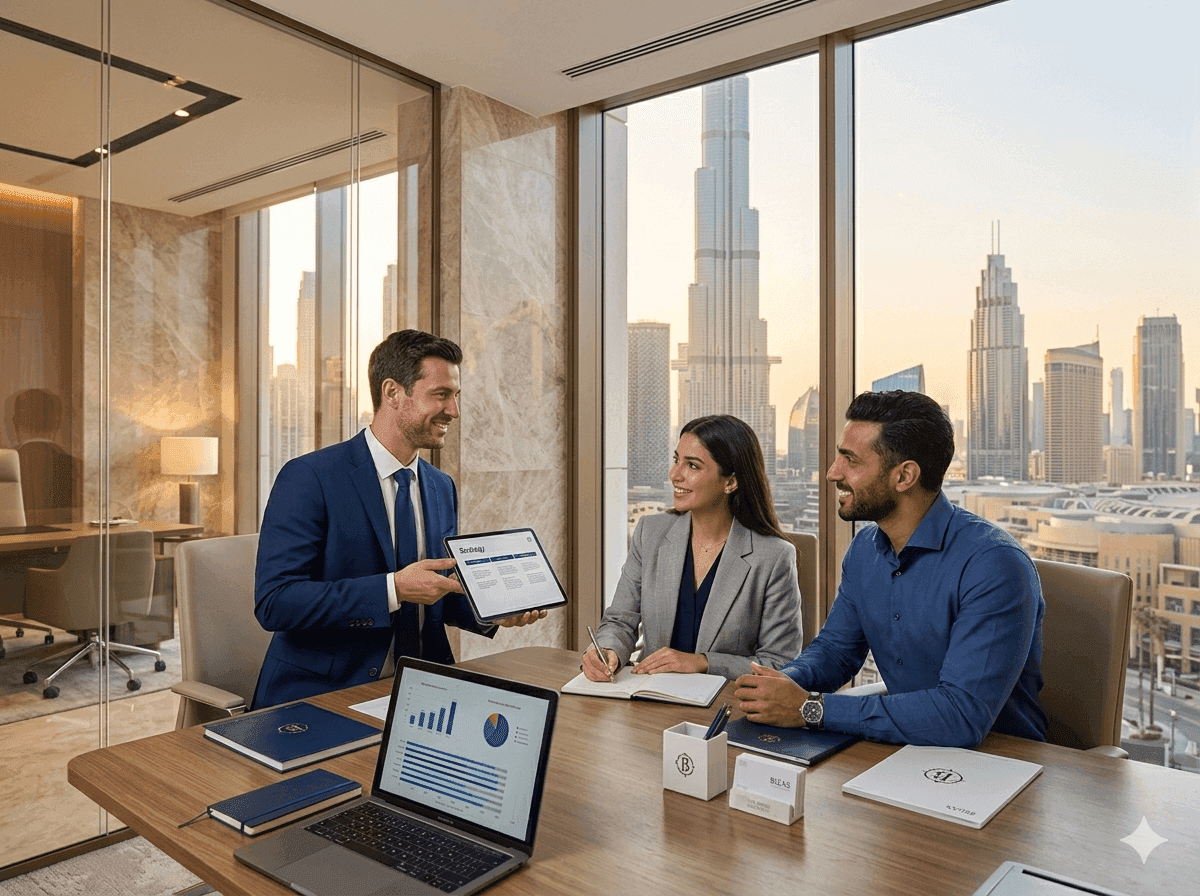 Bizas advisors meeting with a client in a Dubai office